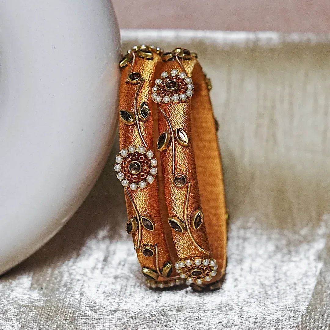 Designer Thread Work Kundan Leaf Style Kada Bangle for Women & Girls (Pack of 2) - The Golden Cascade